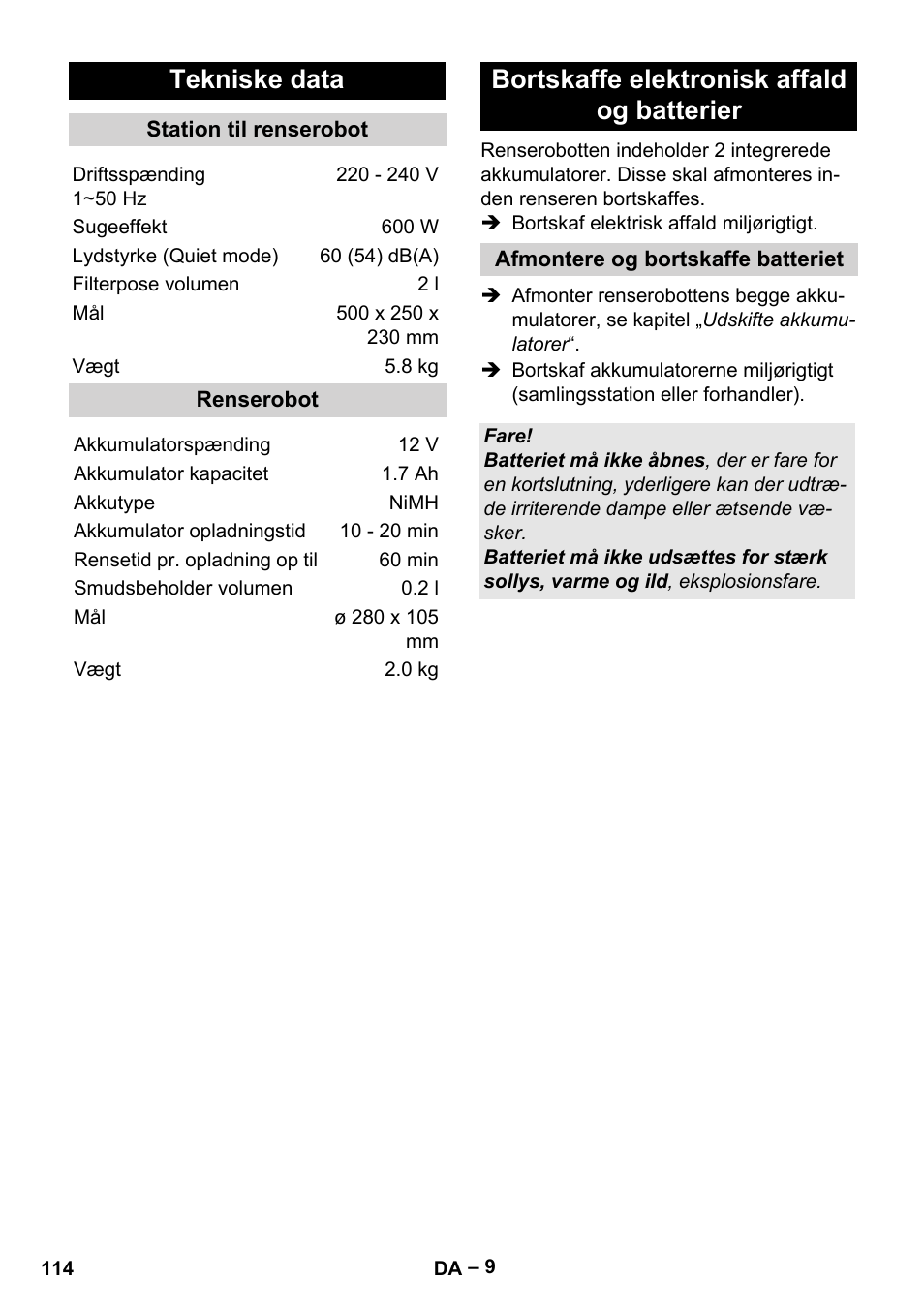 Tekniske data, Bortskaffe elektronisk affald og batterier | Karcher RC 4-000 User Manual | Page 114 / 392