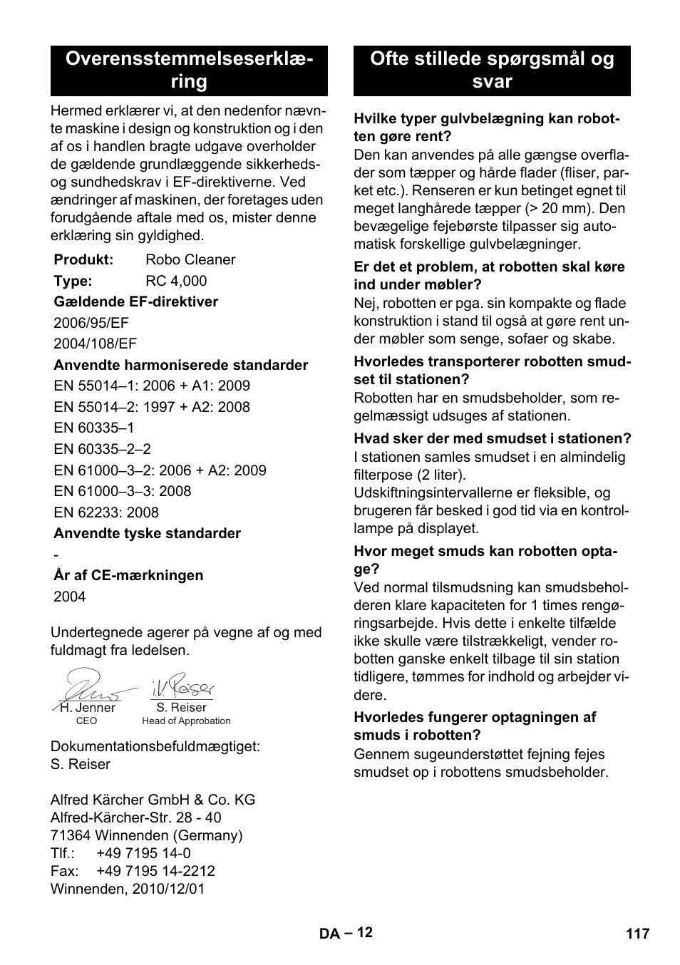 Overensstemmelseserklæ- ring, Ofte stillede spørgsmål og svar | Karcher RC 4-000 User Manual | Page 117 / 392