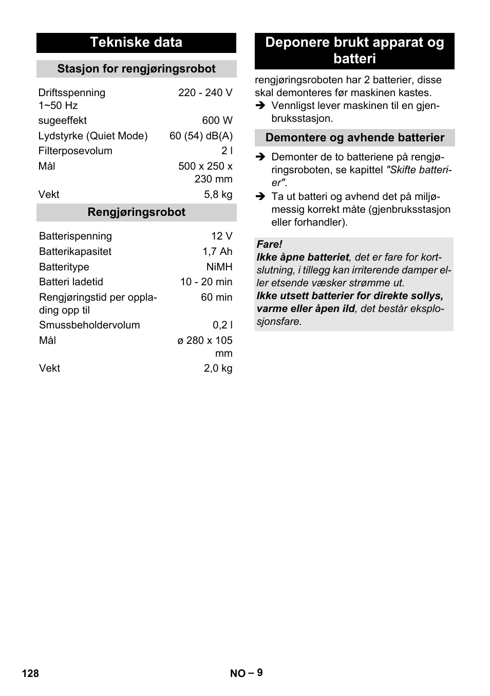 Tekniske data, Deponere brukt apparat og batteri | Karcher RC 4-000 User Manual | Page 128 / 392