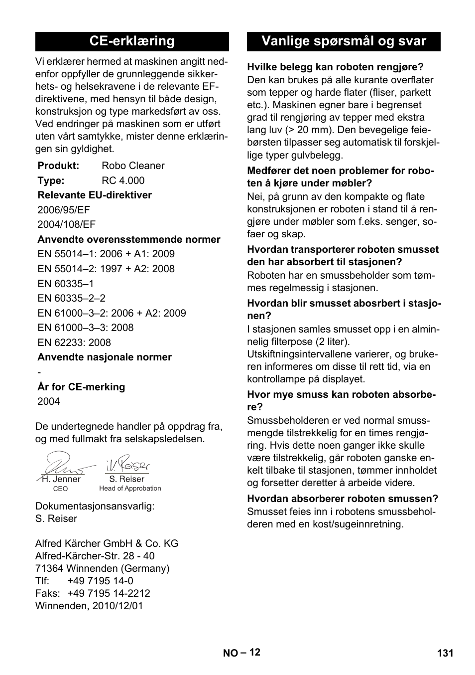 Ce-erklæring, Vanlige spørsmål og svar | Karcher RC 4-000 User Manual | Page 131 / 392