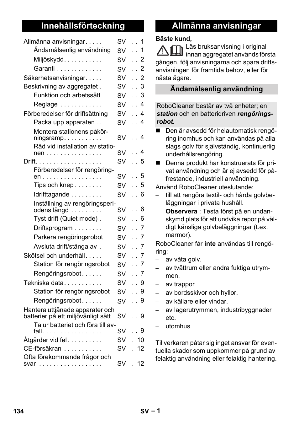 Svenska, Innehållsförteckning, Allmänna anvisningar | Karcher RC 4-000 User Manual | Page 134 / 392