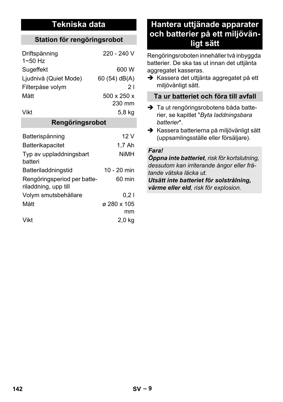 Tekniska data | Karcher RC 4-000 User Manual | Page 142 / 392