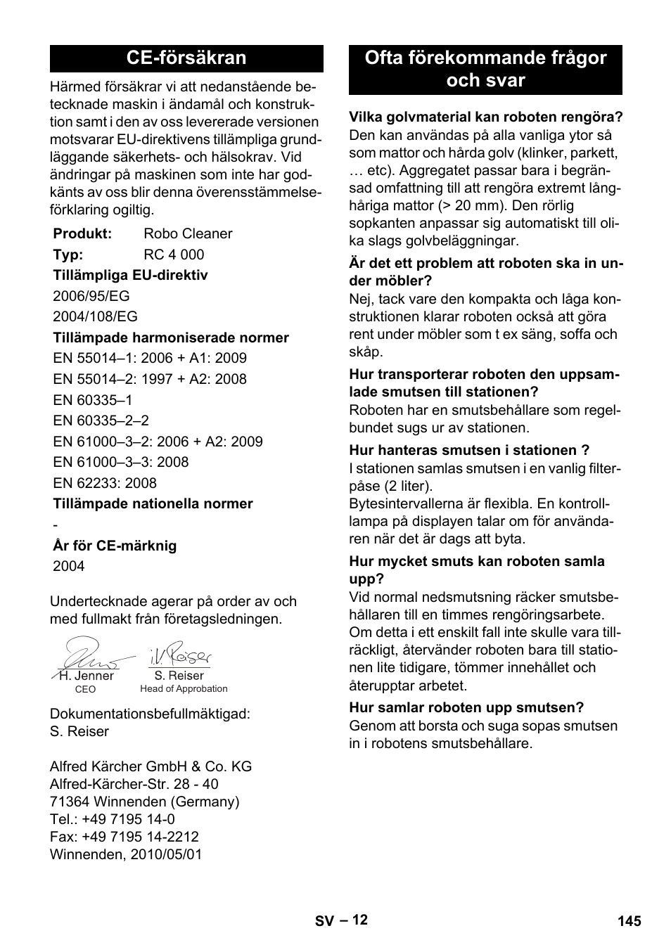 Ce-försäkran, Ofta förekommande frågor och svar | Karcher RC 4-000 User Manual | Page 145 / 392