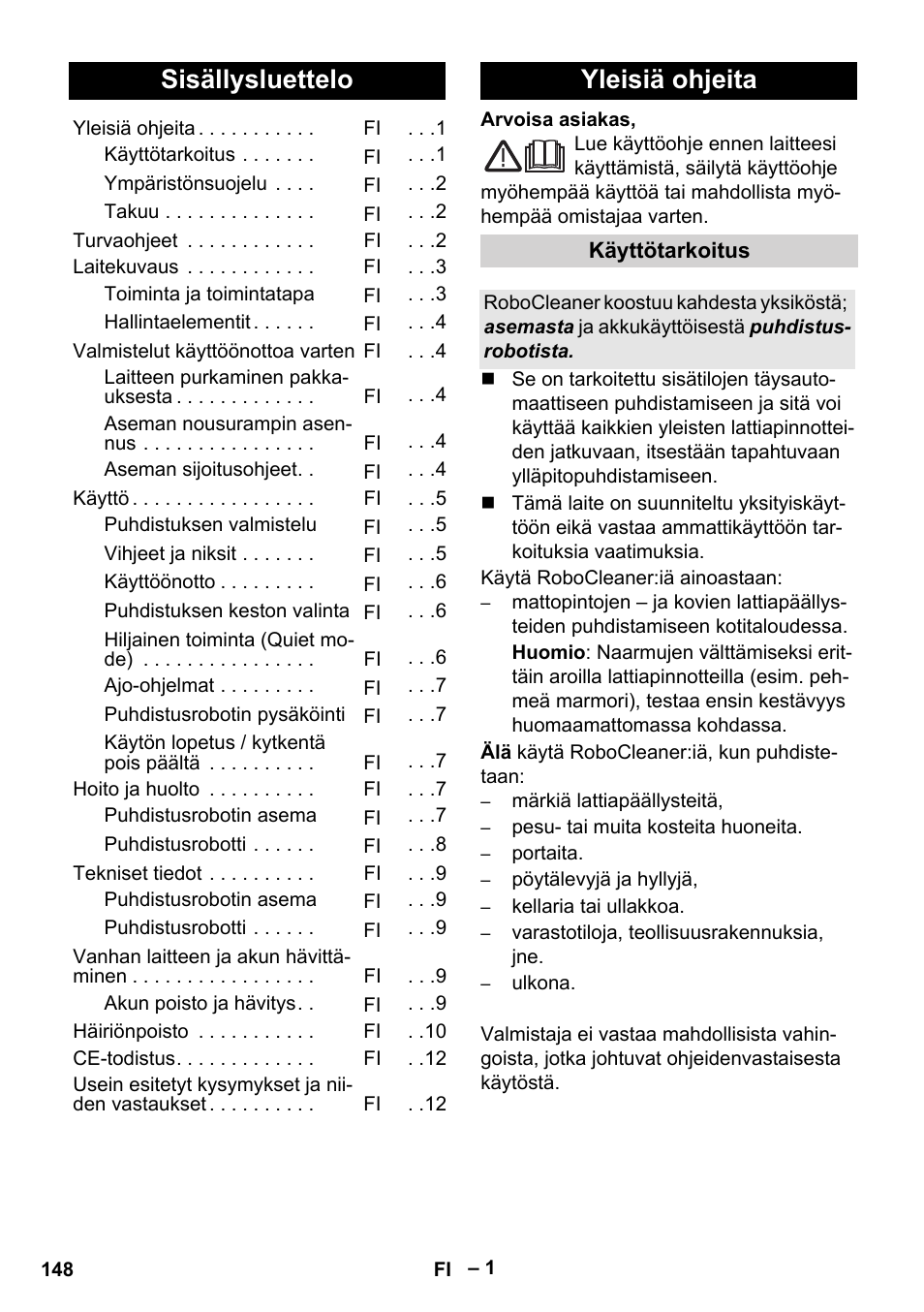 Suomi, Sisällysluettelo, Yleisiä ohjeita | Karcher RC 4-000 User Manual | Page 148 / 392