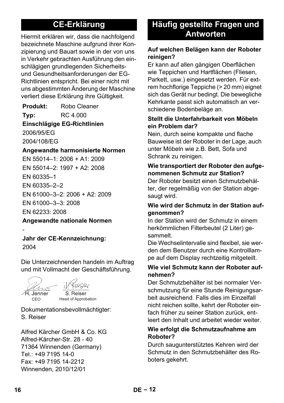 Ce-erklärung, Häufig gestellte fragen und antworten | Karcher RC 4-000 User Manual | Page 16 / 392