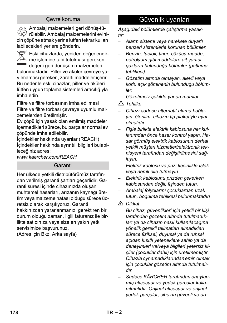 Güvenlik uyarıları | Karcher RC 4-000 User Manual | Page 178 / 392