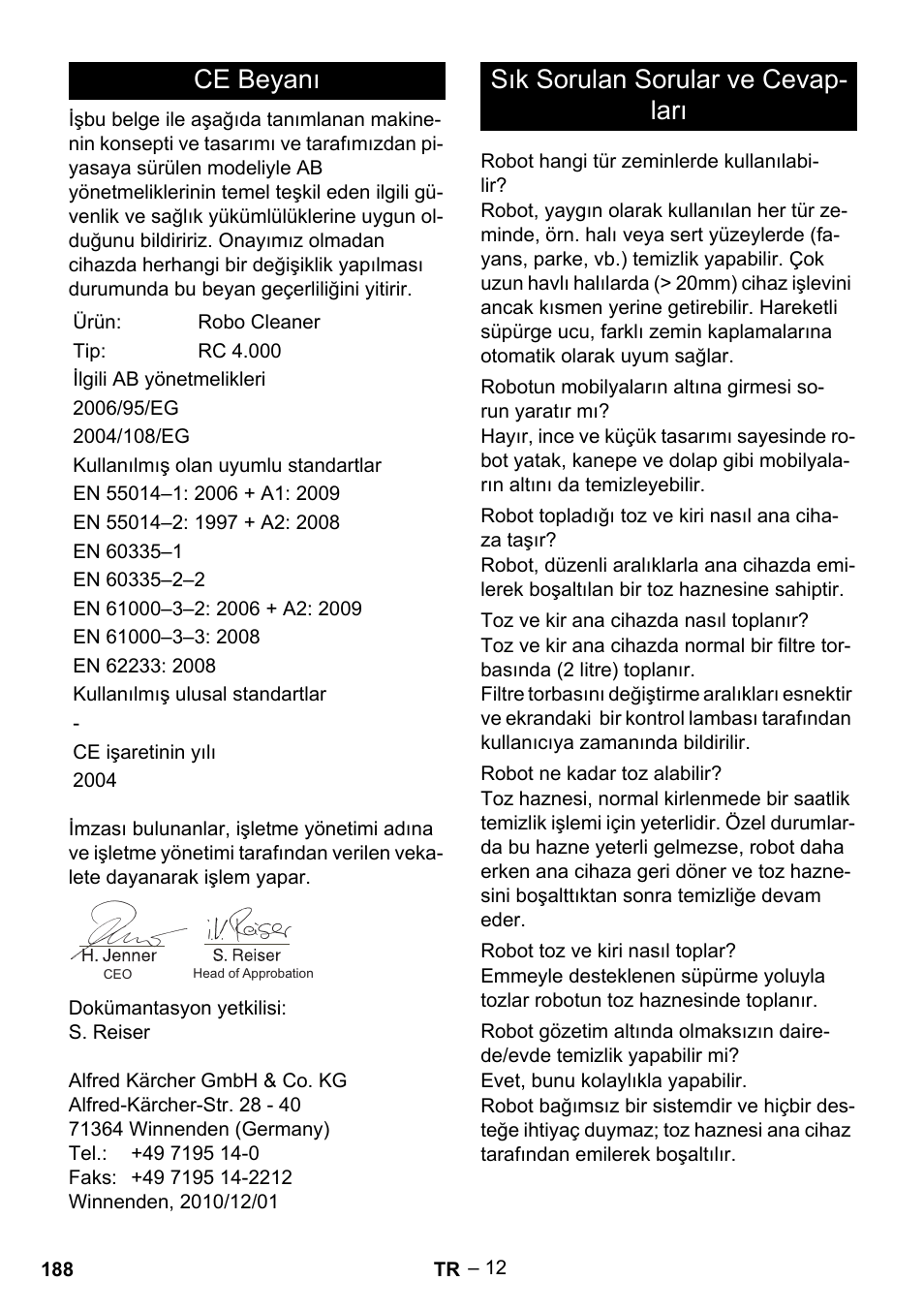 Ce beyanı, Sık sorulan sorular ve cevap- ları | Karcher RC 4-000 User Manual | Page 188 / 392