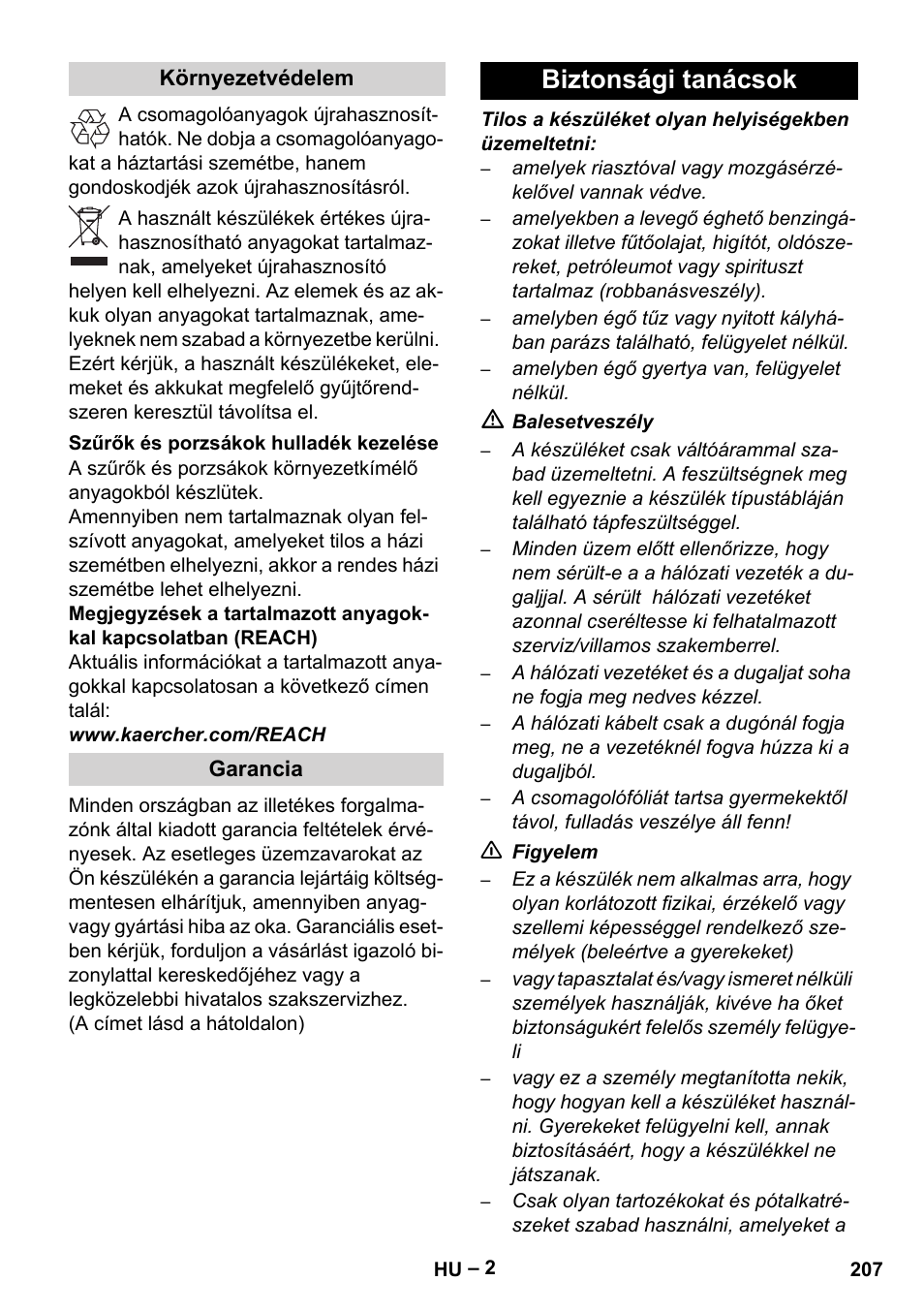 Biztonsági tanácsok | Karcher RC 4-000 User Manual | Page 207 / 392