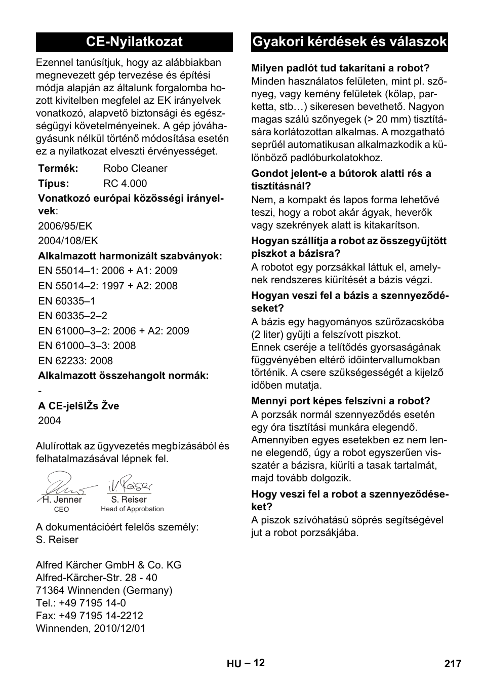 Ce-nyilatkozat, Gyakori kérdések és válaszok | Karcher RC 4-000 User Manual | Page 217 / 392