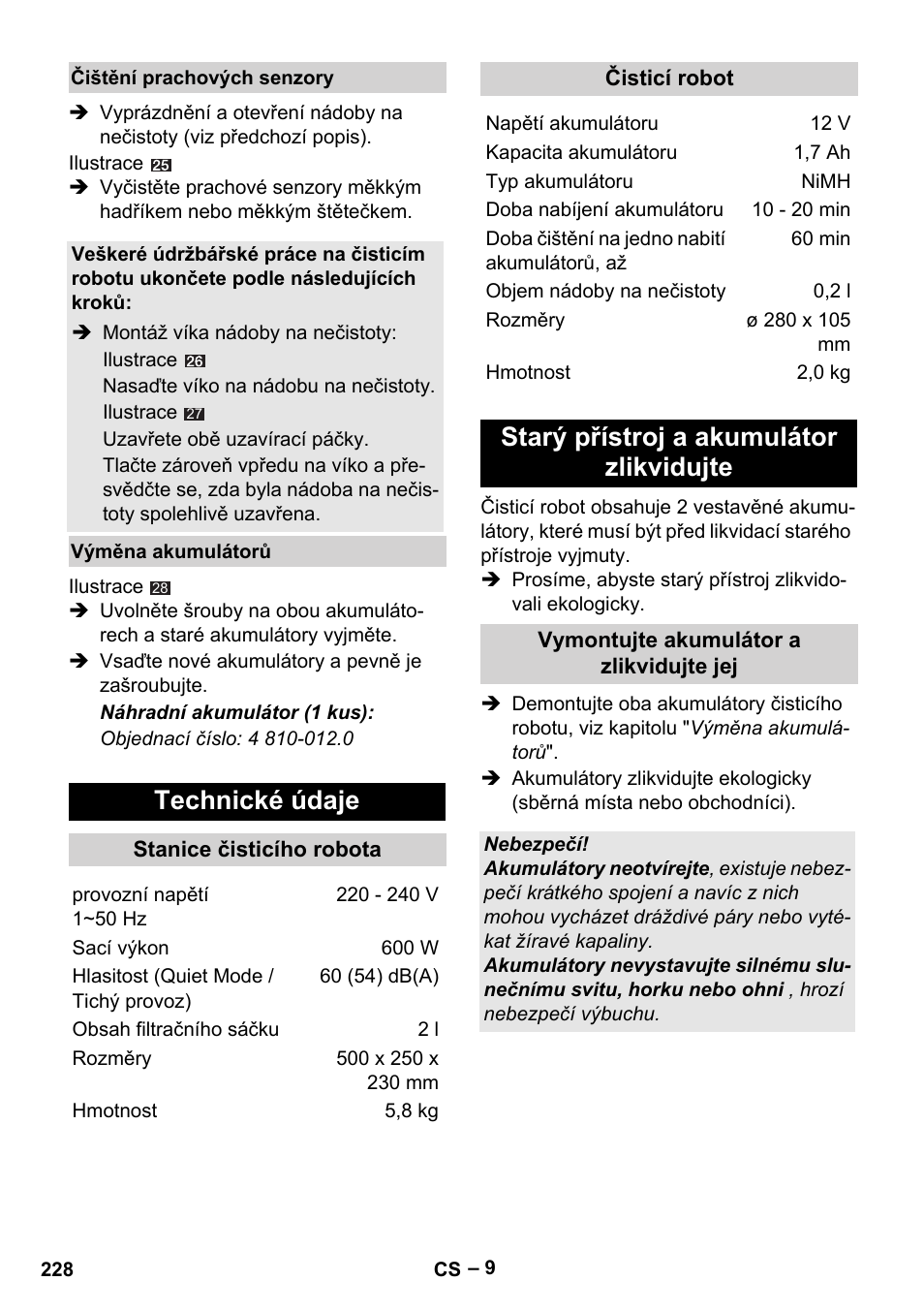 Technické údaje, Starý přístroj a akumulátor zlikvidujte | Karcher RC 4-000 User Manual | Page 228 / 392