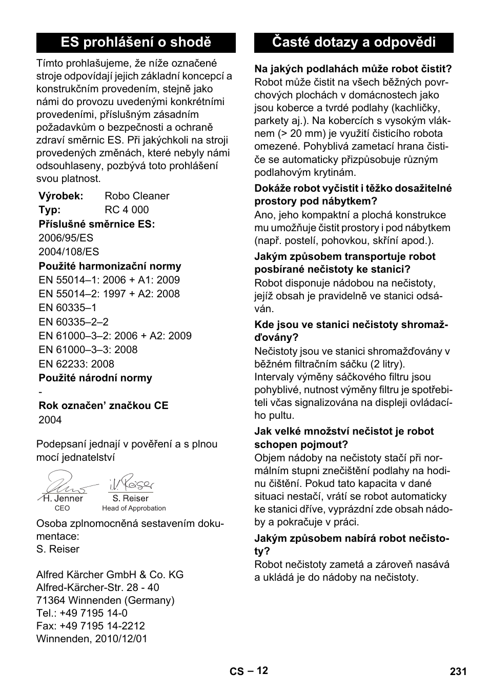 Es prohlášení o shodě, Časté dotazy a odpovědi | Karcher RC 4-000 User Manual | Page 231 / 392