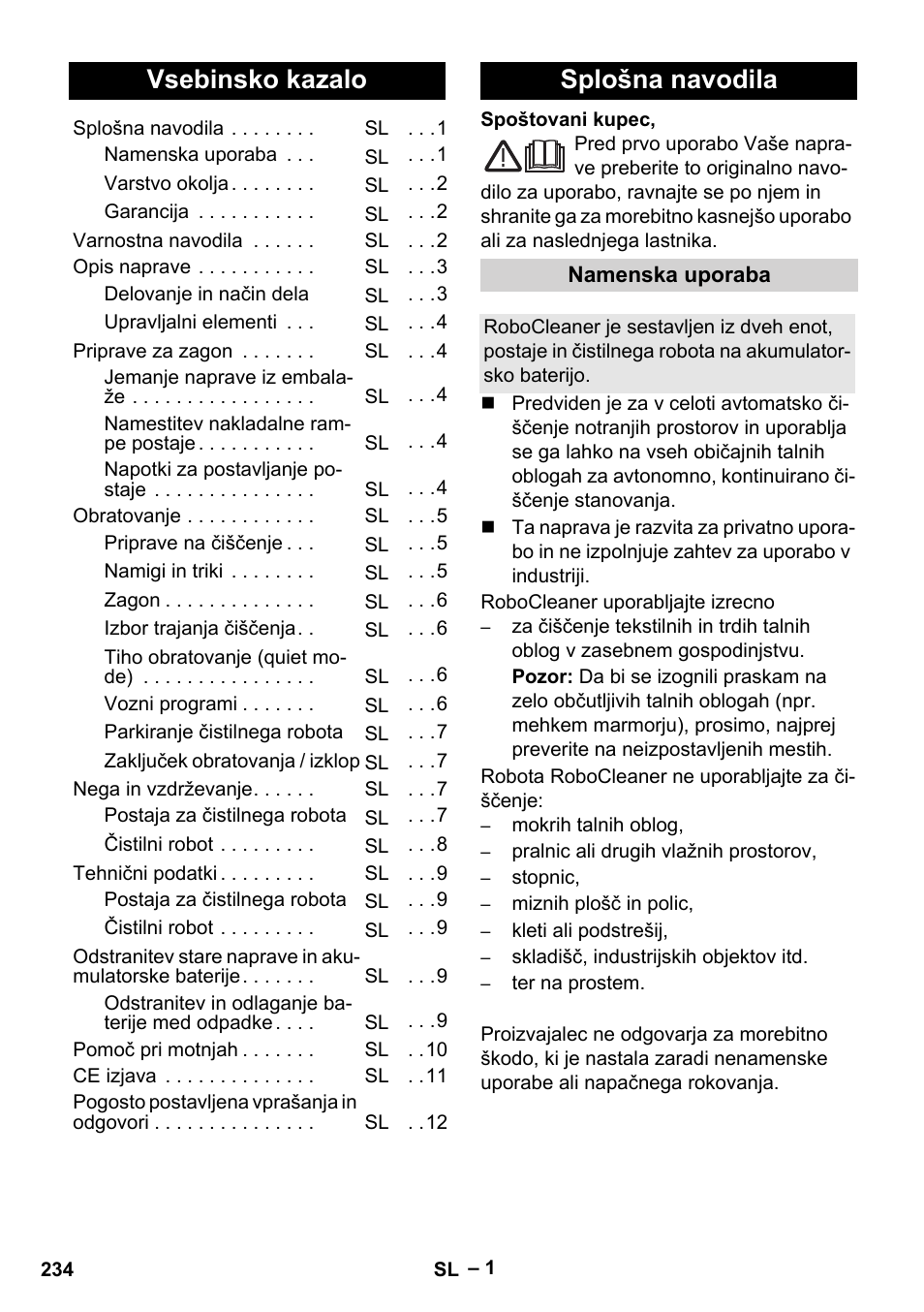 Slovenščina, Slovenšina, Vsebinsko kazalo | Splošna navodila | Karcher RC 4-000 User Manual | Page 234 / 392