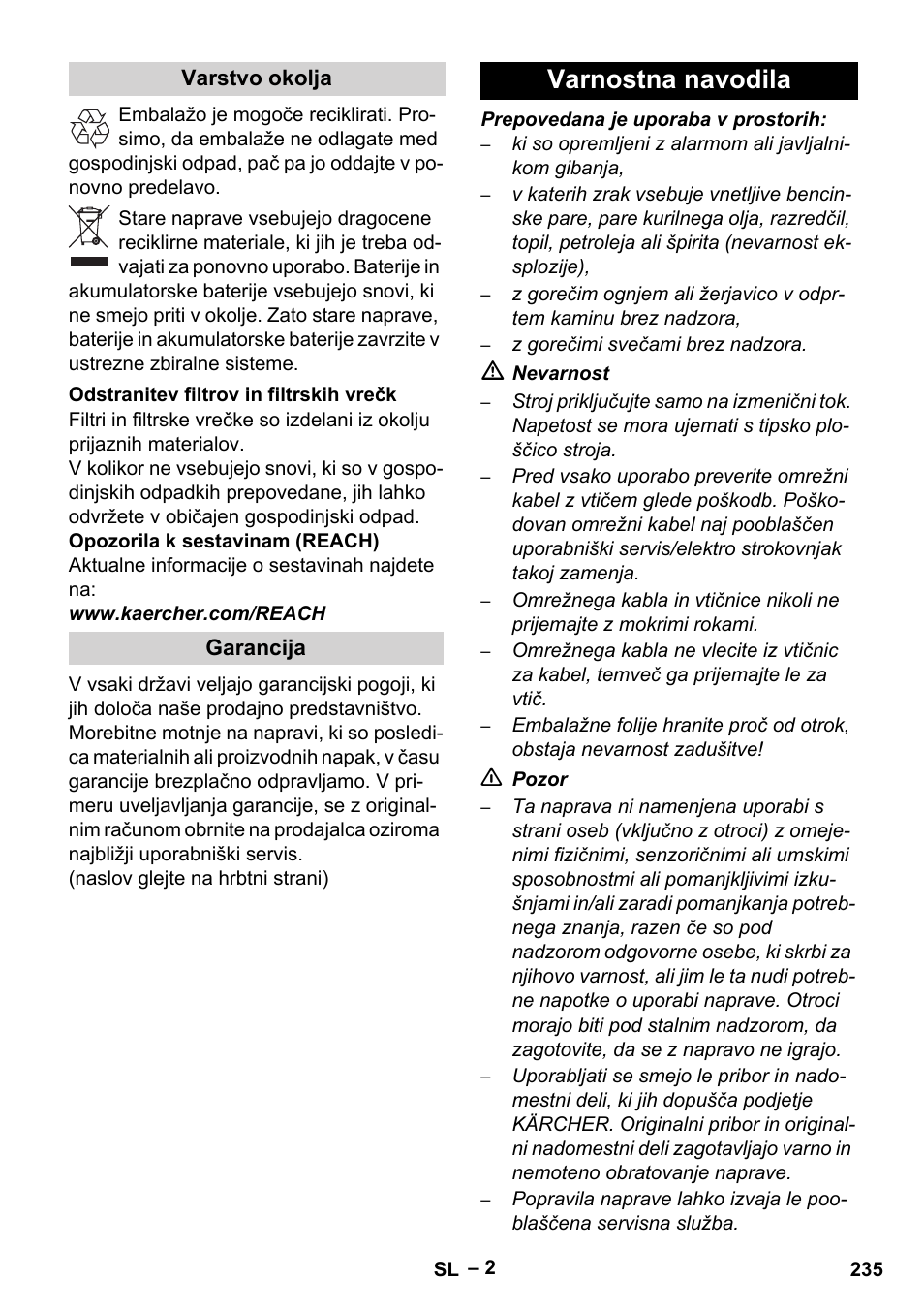 Varnostna navodila | Karcher RC 4-000 User Manual | Page 235 / 392