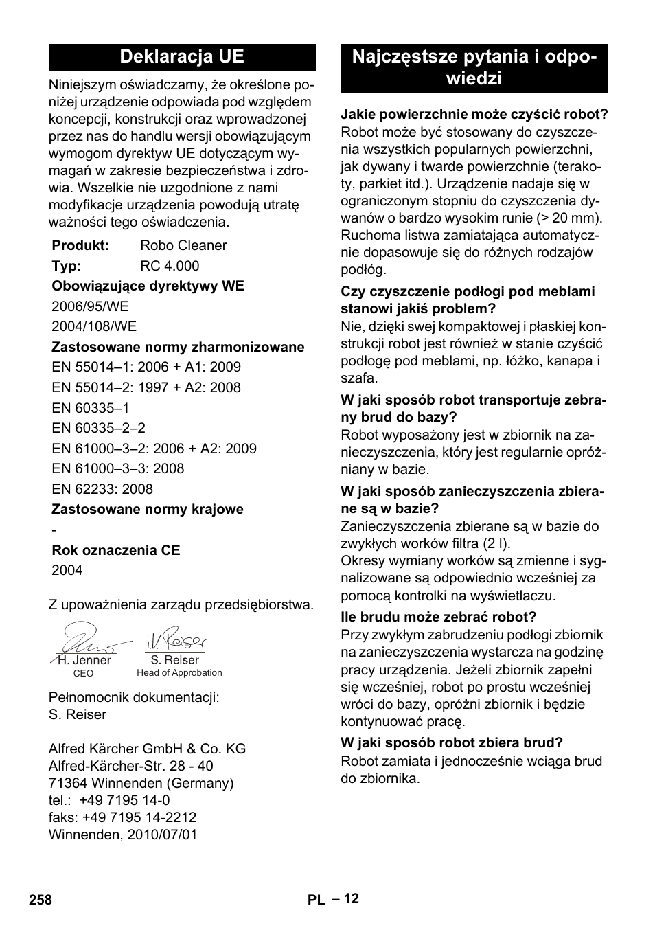 Deklaracja ue, Najczęstsze pytania i odpo- wiedzi | Karcher RC 4-000 User Manual | Page 258 / 392