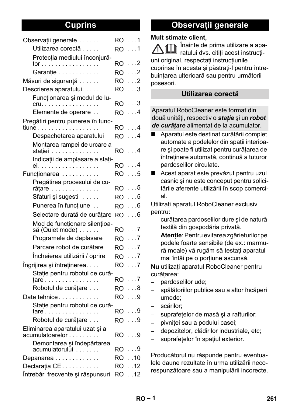 Româneşte, Românete, Cuprins | Observaţii generale | Karcher RC 4-000 User Manual | Page 261 / 392