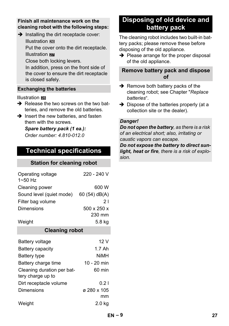 Technical specifications, Disposing of old device and battery pack | Karcher RC 4-000 User Manual | Page 27 / 392