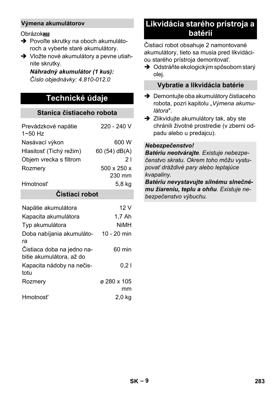 Technické údaje, Likvidácia starého prístroja a batérií | Karcher RC 4-000 User Manual | Page 283 / 392