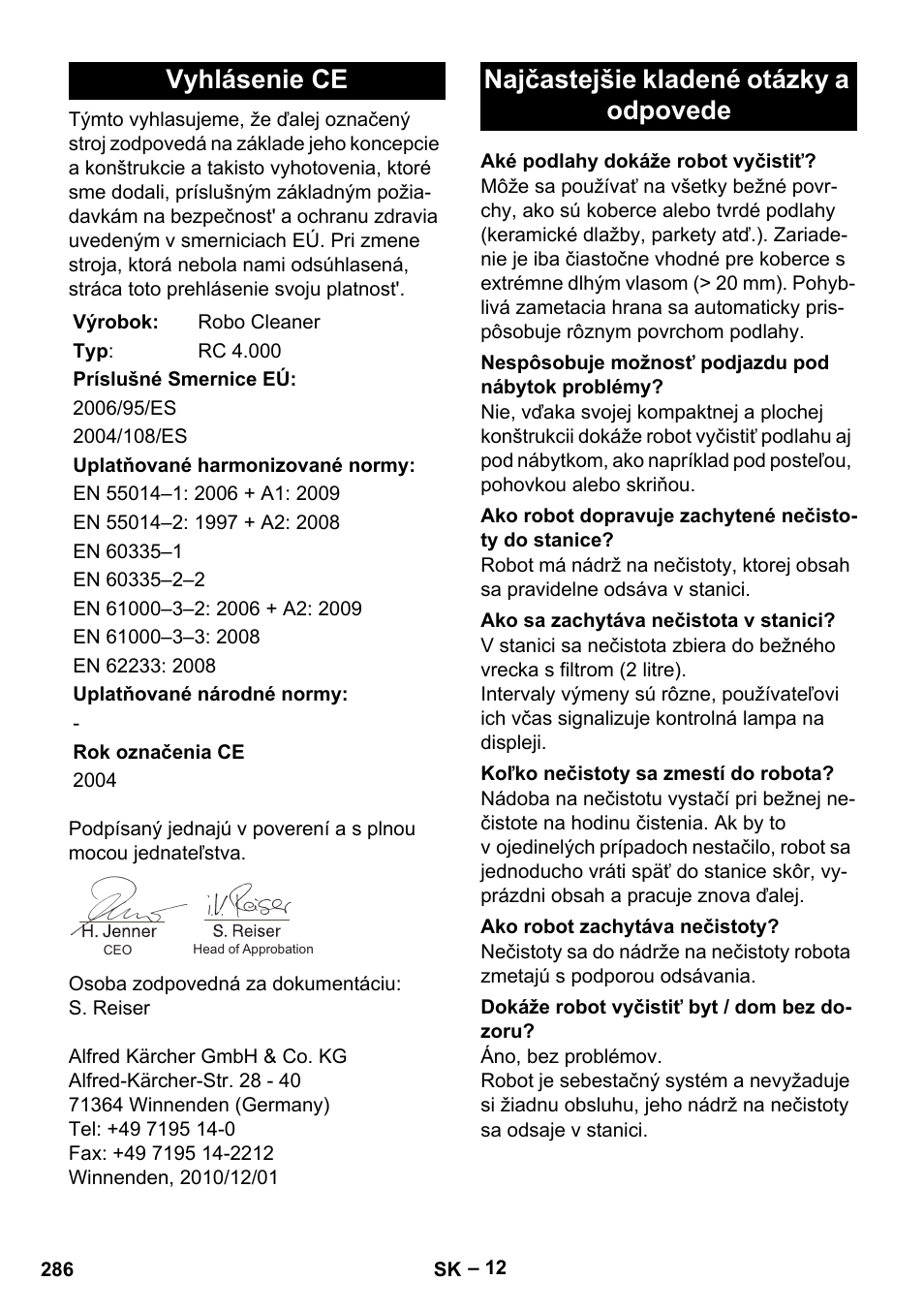 Vyhlásenie ce, Najčastejšie kladené otázky a odpovede | Karcher RC 4-000 User Manual | Page 286 / 392