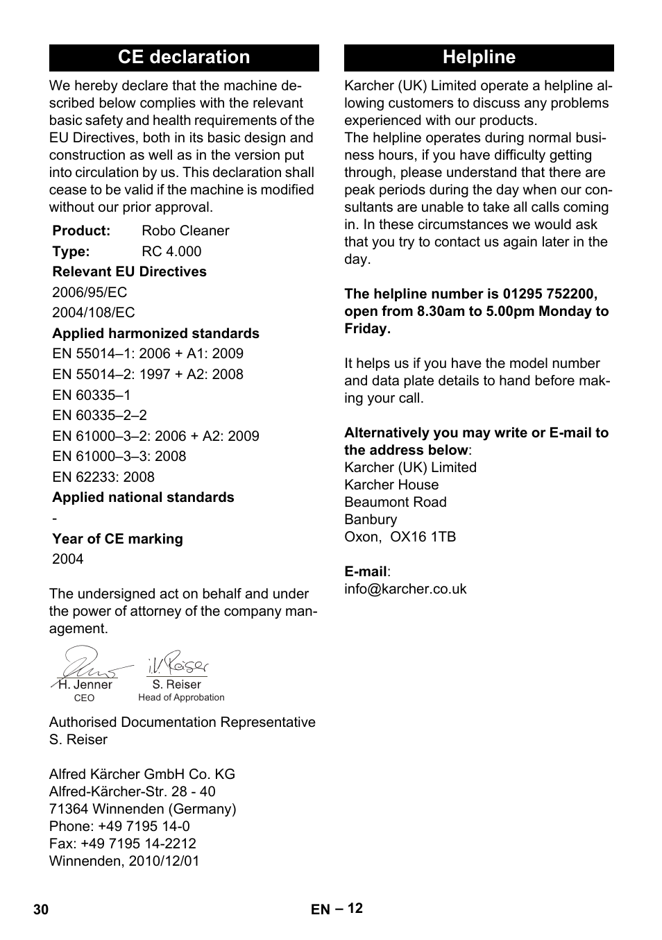 Ce declaration, Helpline | Karcher RC 4-000 User Manual | Page 30 / 392