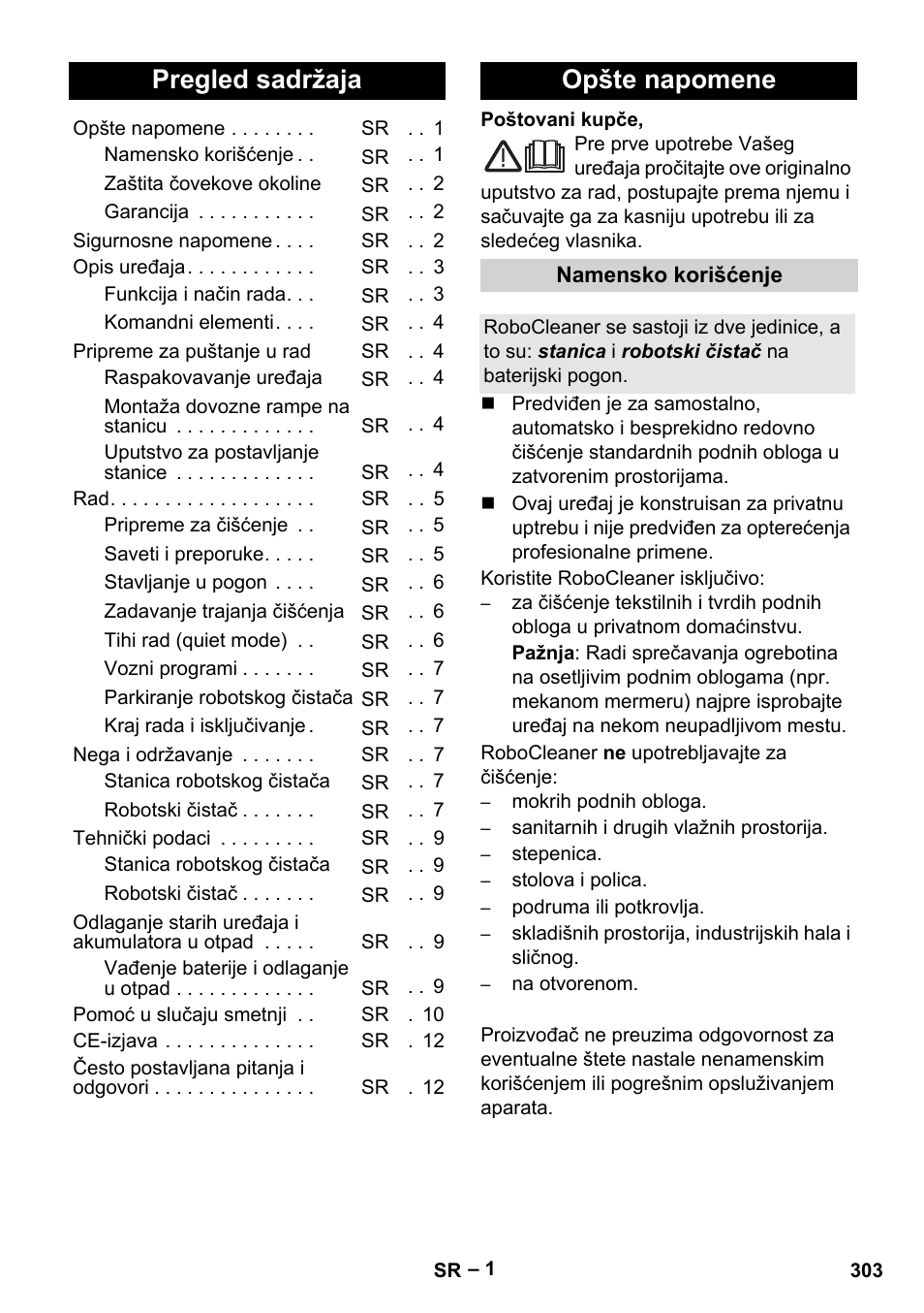 Srpski, Pregled sadržaja, Opšte napomene | Karcher RC 4-000 User Manual | Page 303 / 392