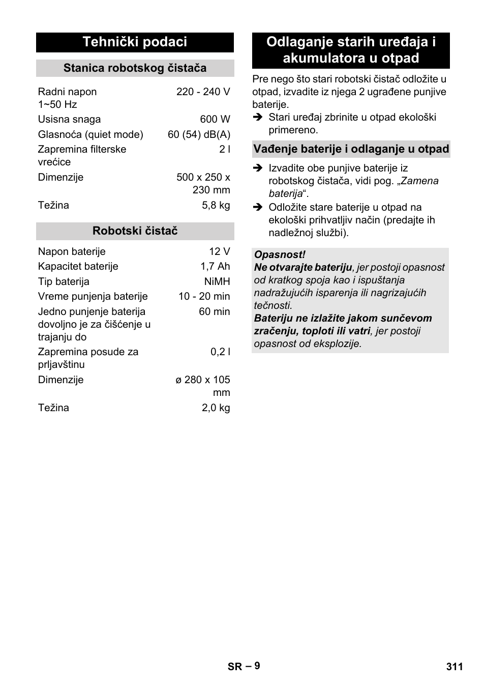 Tehnički podaci, Odlaganje starih uređaja i akumulatora u otpad | Karcher RC 4-000 User Manual | Page 311 / 392