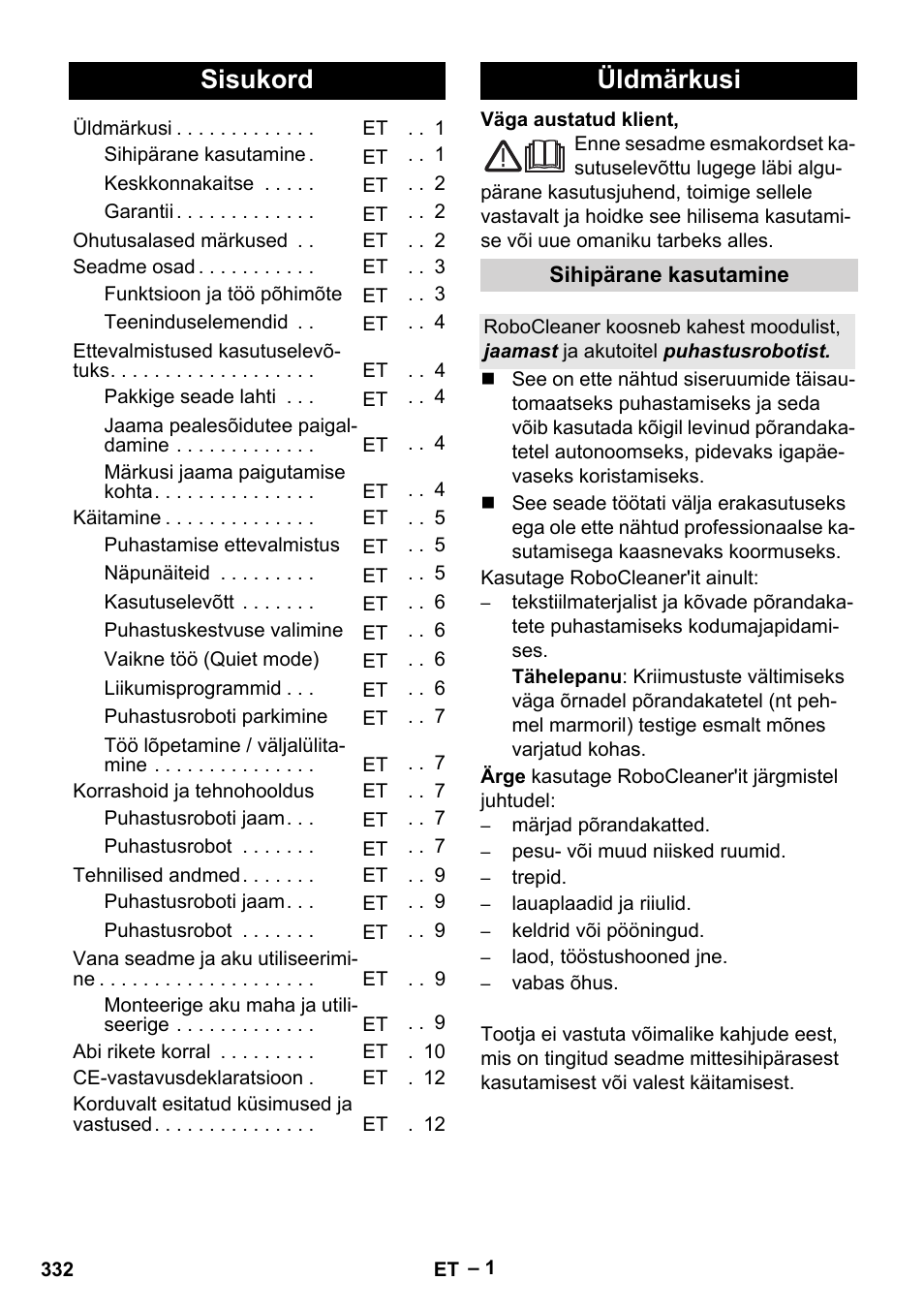 Eesti, Sisukord, Üldmärkusi | Karcher RC 4-000 User Manual | Page 332 / 392