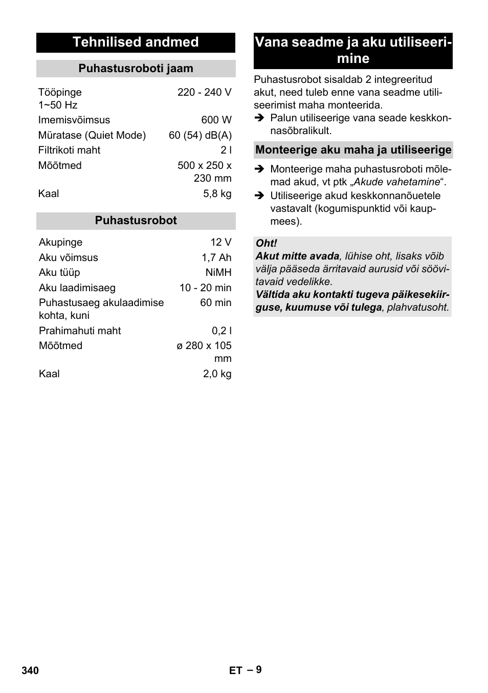 Tehnilised andmed, Vana seadme ja aku utiliseeri- mine | Karcher RC 4-000 User Manual | Page 340 / 392