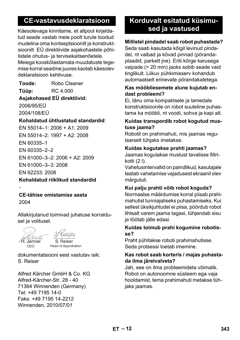 Ce-vastavusdeklaratsioon, Korduvalt esitatud küsimu- sed ja vastused | Karcher RC 4-000 User Manual | Page 343 / 392