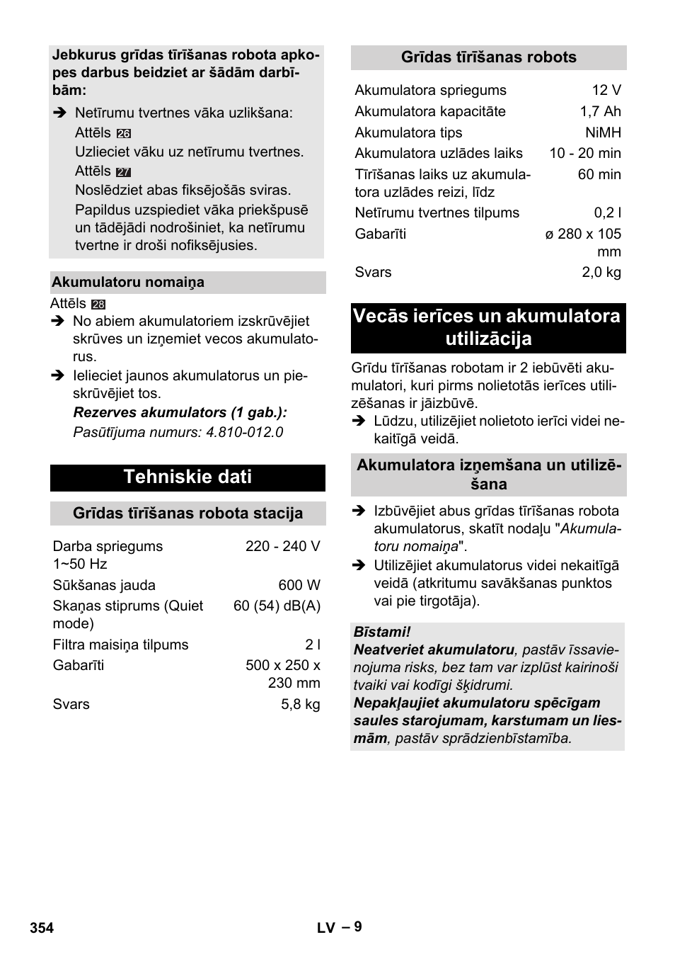 Tehniskie dati, Vecās ierīces un akumulatora utilizācija | Karcher RC 4-000 User Manual | Page 354 / 392