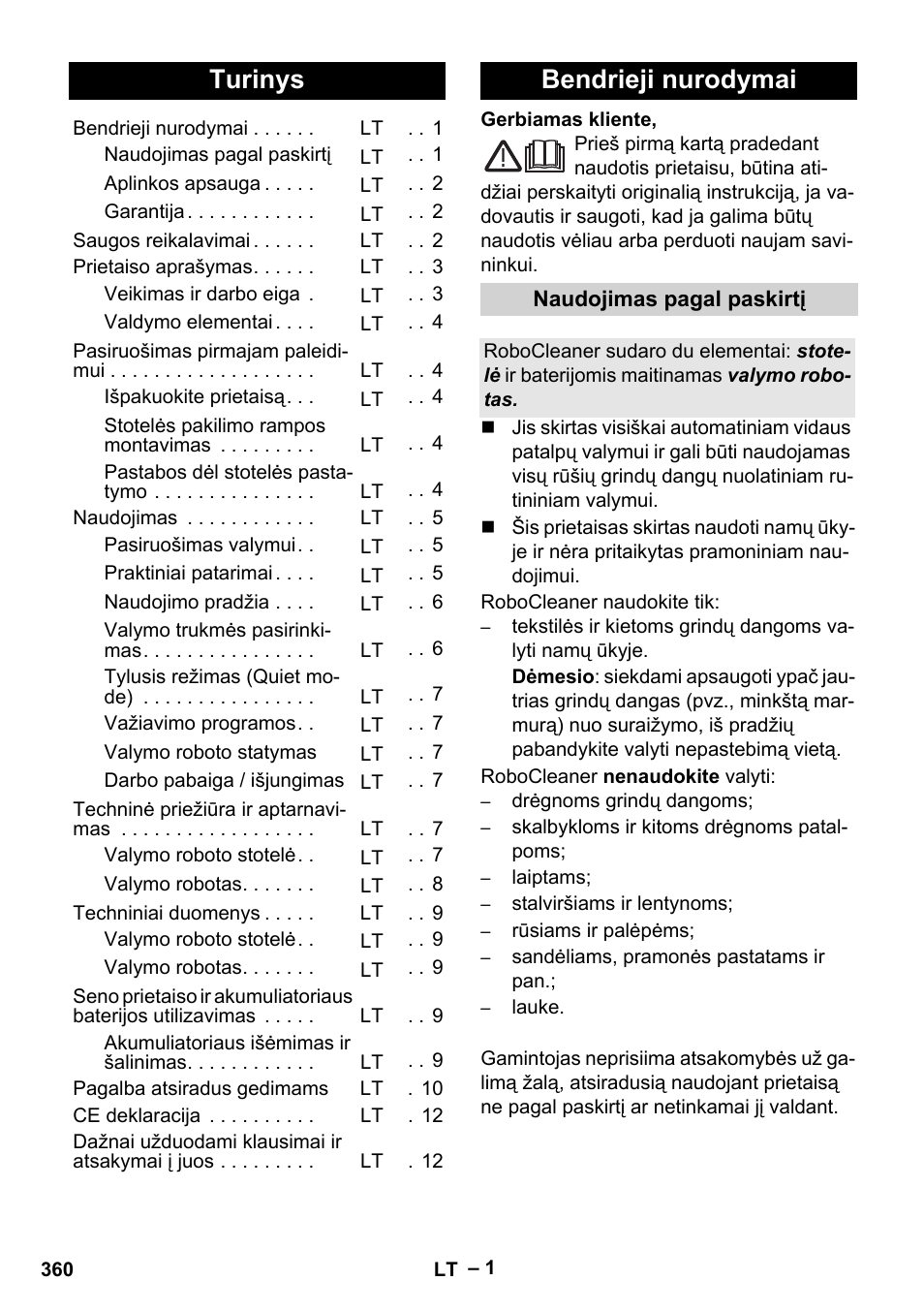 Lietuviškai, Turinys, Bendrieji nurodymai | Karcher RC 4-000 User Manual | Page 360 / 392