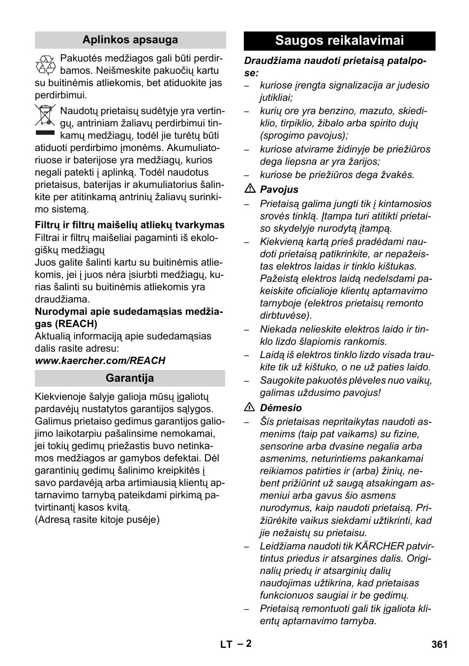 Saugos reikalavimai | Karcher RC 4-000 User Manual | Page 361 / 392