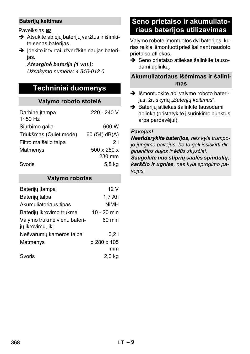 Techniniai duomenys | Karcher RC 4-000 User Manual | Page 368 / 392