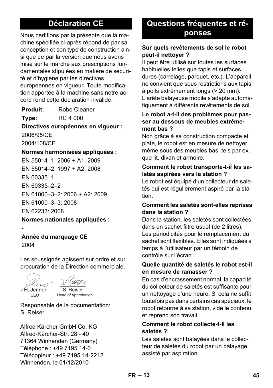 Déclaration ce, Questions fréquentes et ré- ponses | Karcher RC 4-000 User Manual | Page 45 / 392