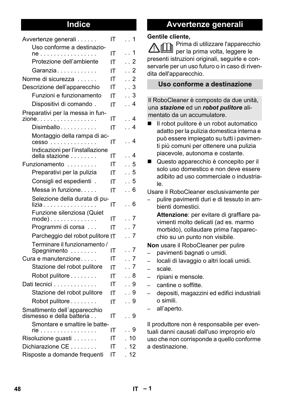 Italiano, Indice, Avvertenze generali | Karcher RC 4-000 User Manual | Page 48 / 392