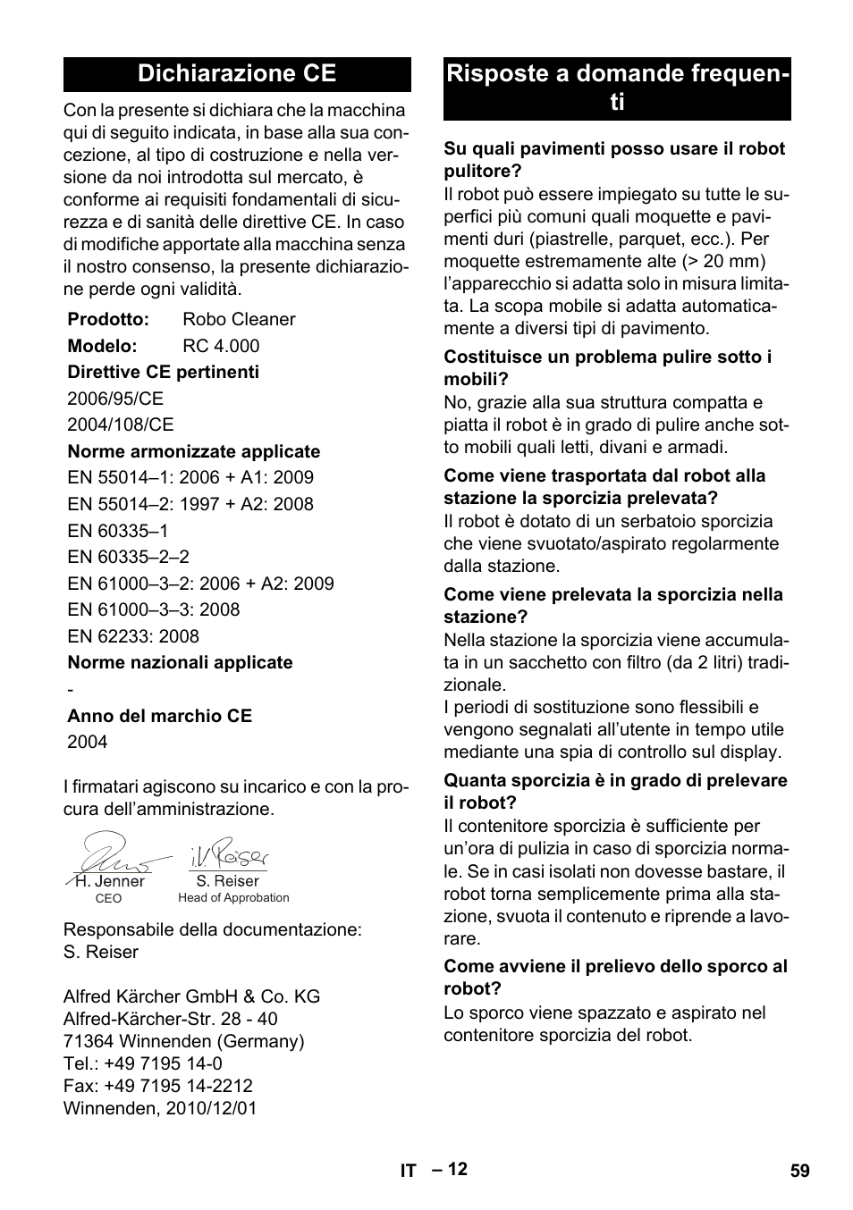 Dichiarazione ce, Risposte a domande frequen- ti | Karcher RC 4-000 User Manual | Page 59 / 392