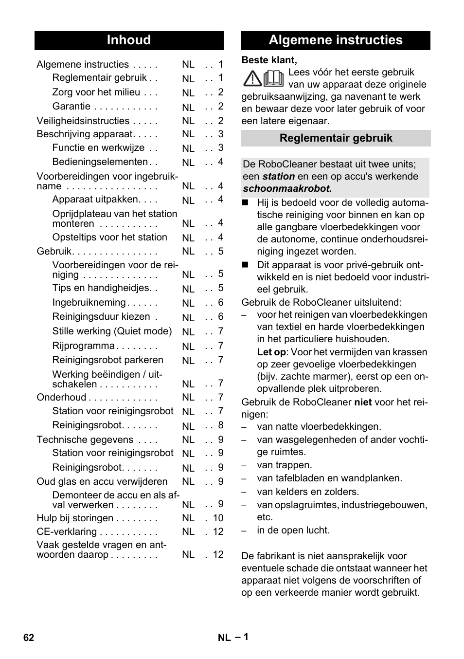 Nederlands, Inhoud, Algemene instructies | Karcher RC 4-000 User Manual | Page 62 / 392