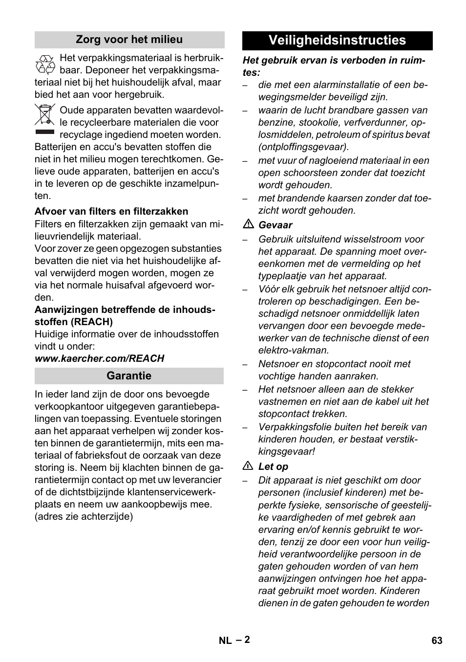 Veiligheidsinstructies | Karcher RC 4-000 User Manual | Page 63 / 392