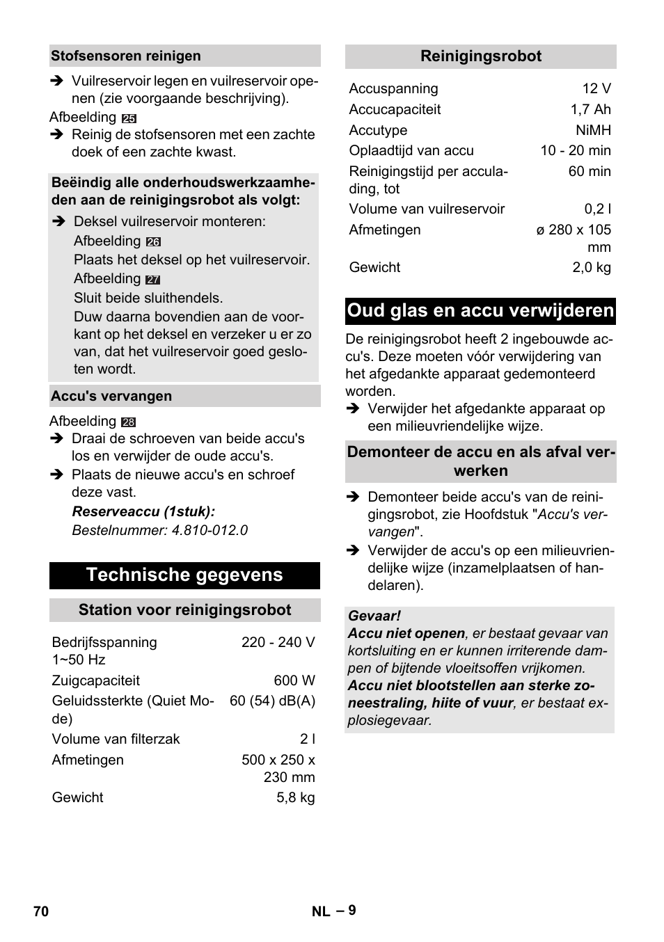 Technische gegevens, Oud glas en accu verwijderen | Karcher RC 4-000 User Manual | Page 70 / 392