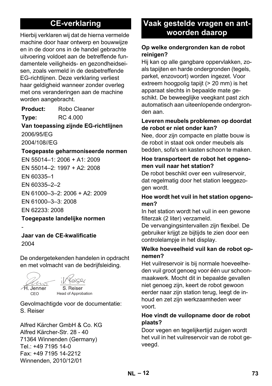 Ce-verklaring, Vaak gestelde vragen en ant- woorden daarop | Karcher RC 4-000 User Manual | Page 73 / 392