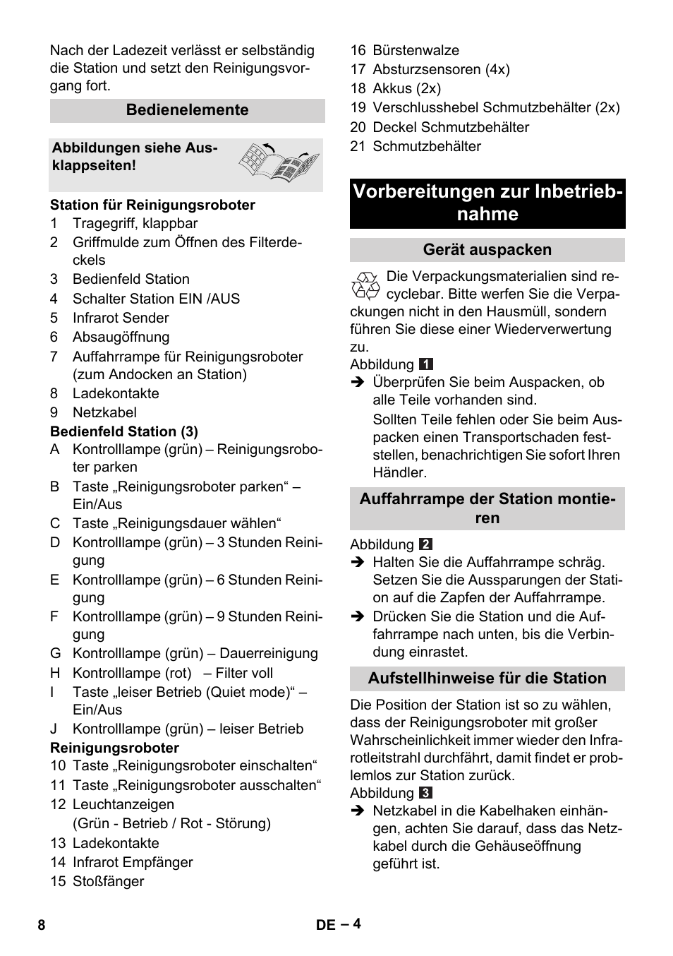 Vorbereitungen zur inbetrieb- nahme | Karcher RC 4-000 User Manual | Page 8 / 392