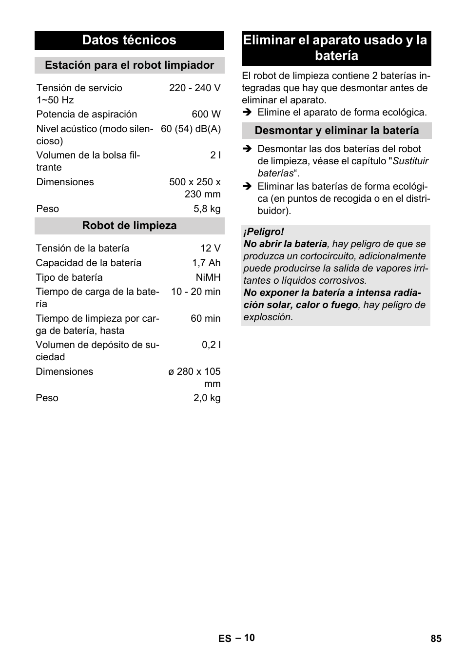 Datos técnicos, Eliminar el aparato usado y la batería | Karcher RC 4-000 User Manual | Page 85 / 392