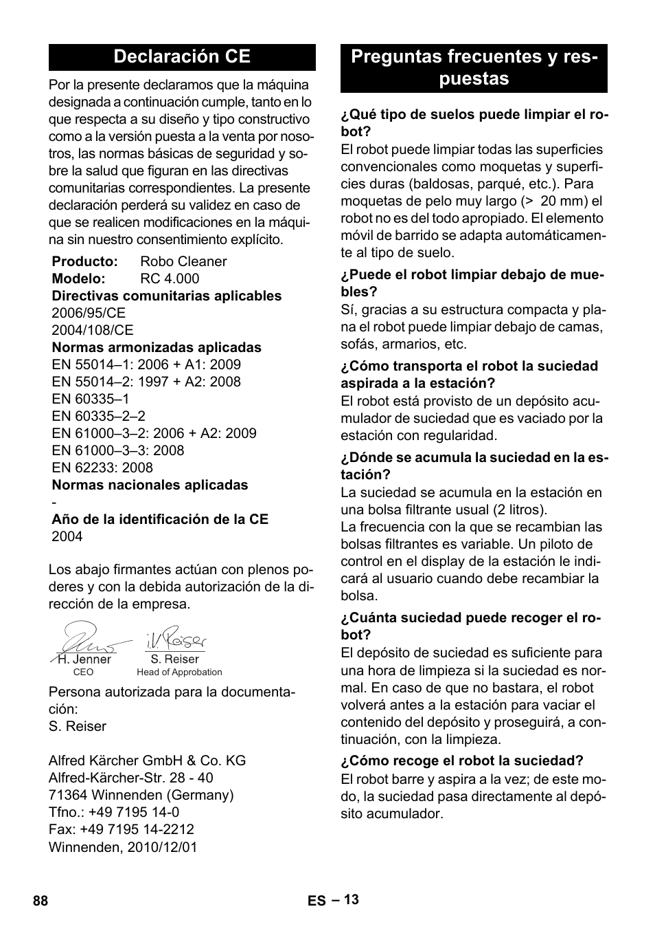 Declaración ce, Preguntas frecuentes y res- puestas | Karcher RC 4-000 User Manual | Page 88 / 392