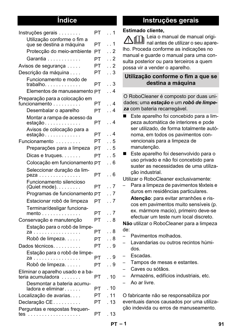 Português, Índice, Instruções gerais | Karcher RC 4-000 User Manual | Page 91 / 392