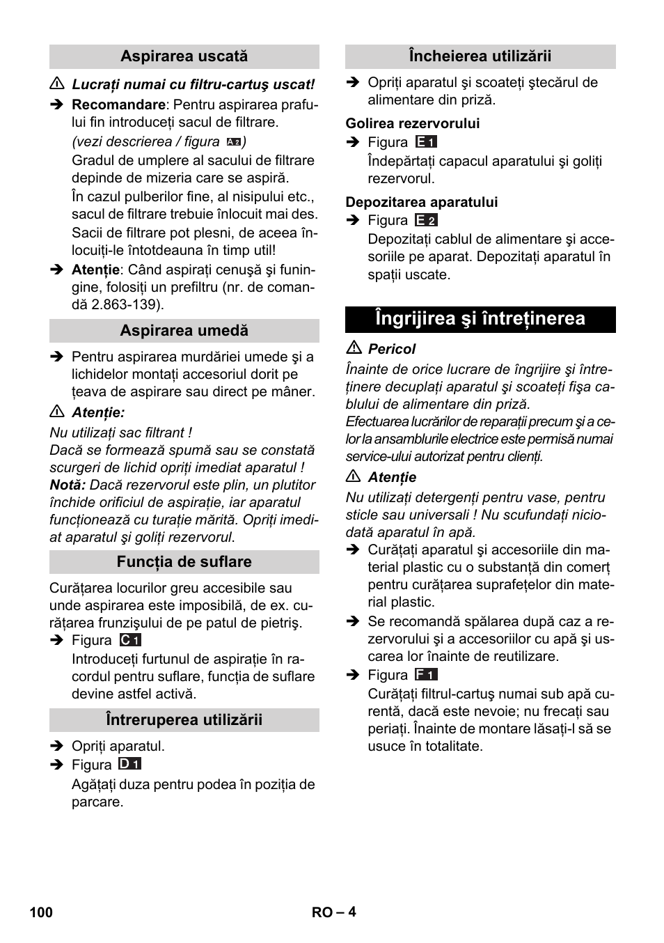 Îngrijirea şi întreţinerea | Karcher WD 3-800 M eco!ogic User Manual | Page 100 / 150