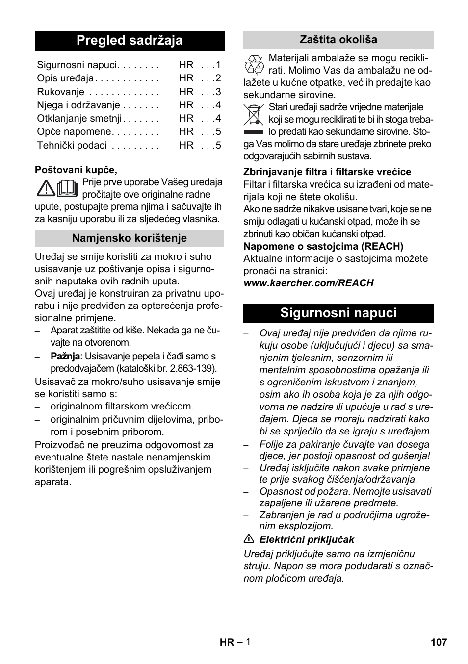 Hrvatski, Pregled sadržaja, Sigurnosni napuci | Karcher WD 3-800 M eco!ogic User Manual | Page 107 / 150