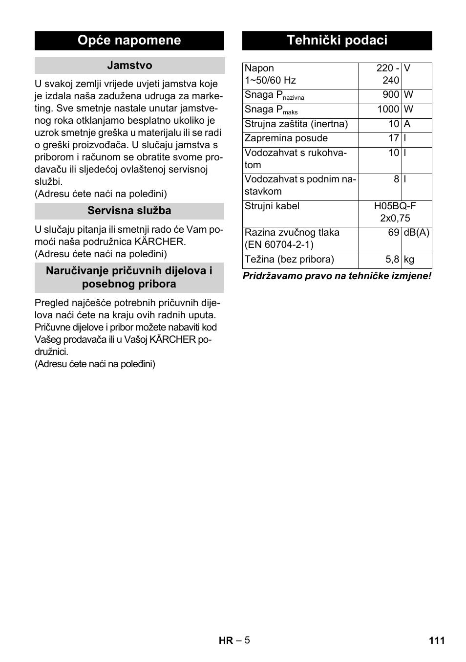 Opće napomene, Tehnički podaci | Karcher WD 3-800 M eco!ogic User Manual | Page 111 / 150