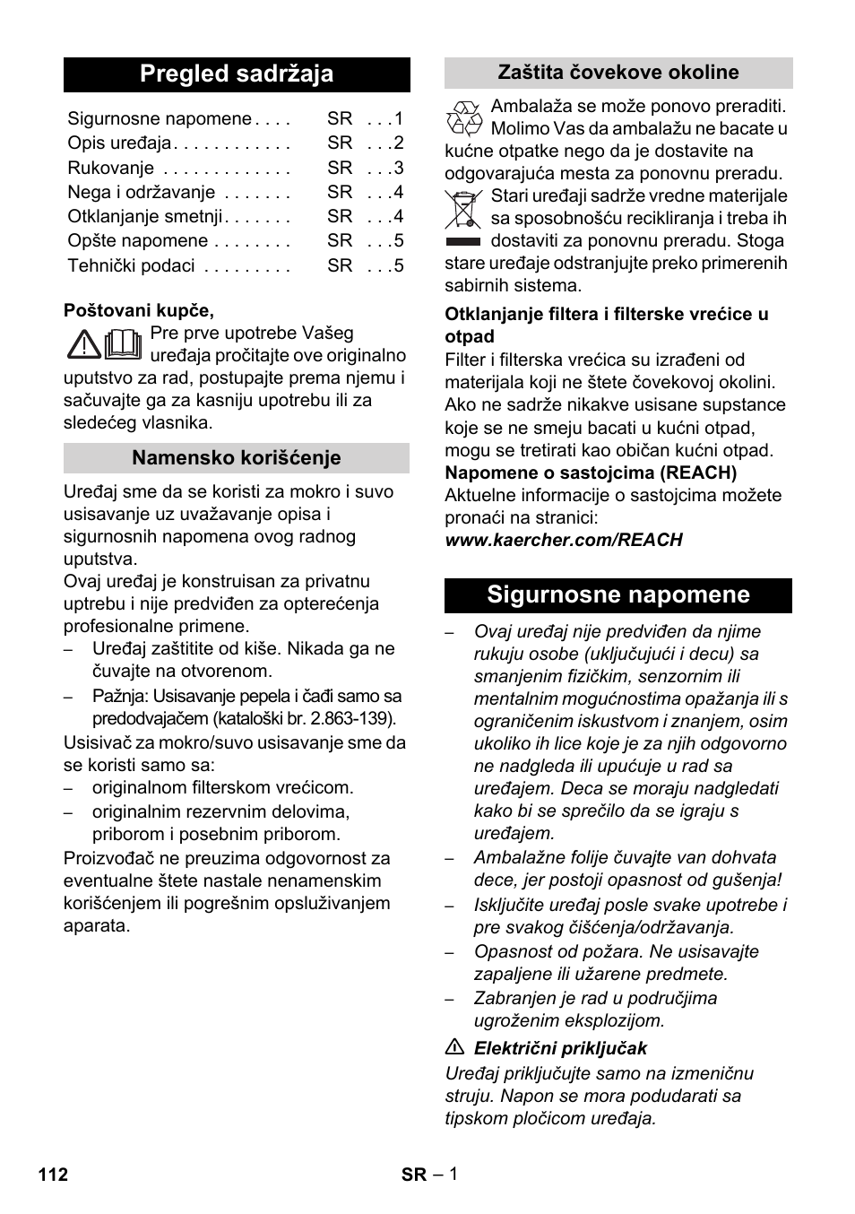 Srpski, Pregled sadržaja, Sigurnosne napomene | Karcher WD 3-800 M eco!ogic User Manual | Page 112 / 150