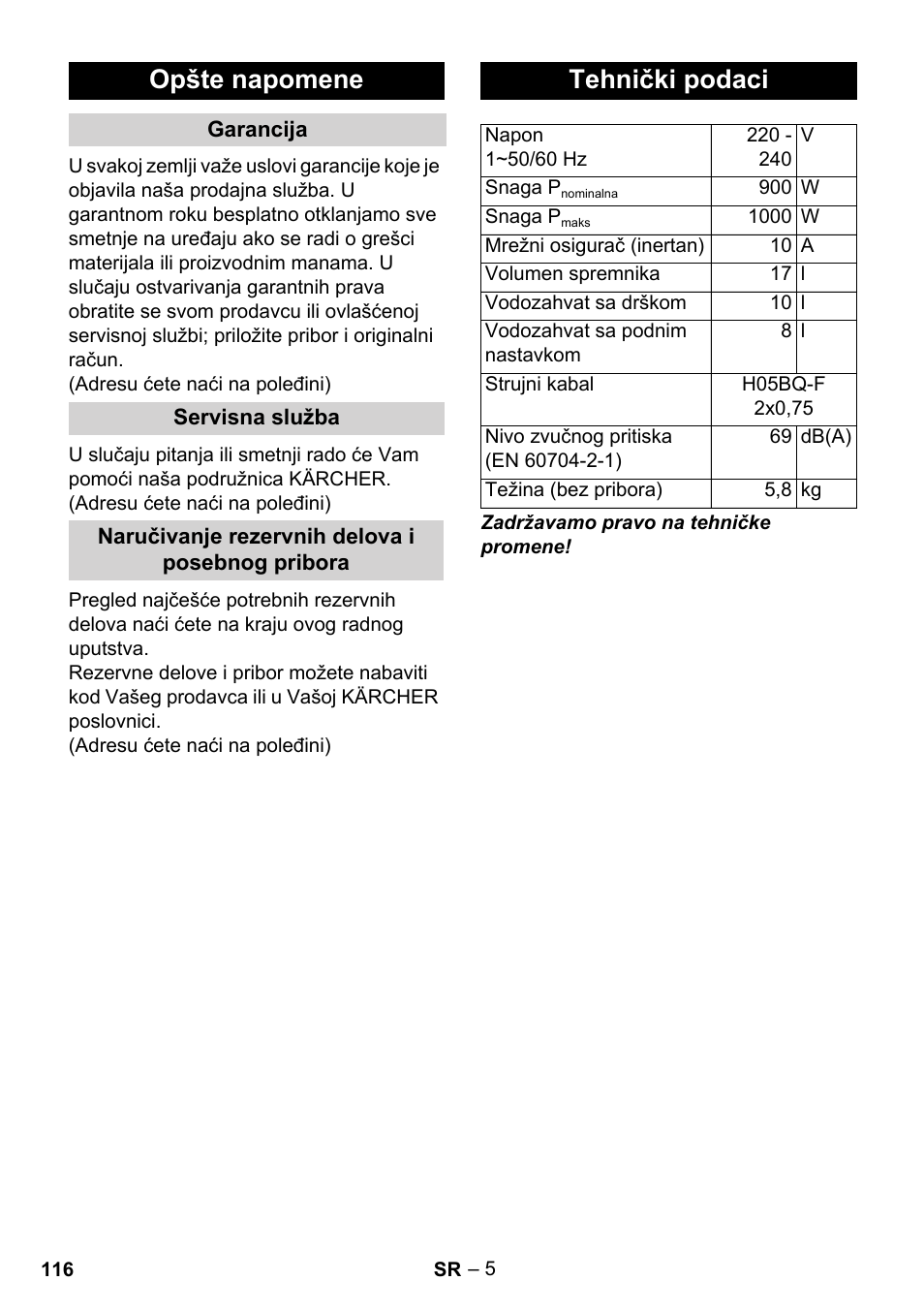 Opšte napomene, Tehnički podaci | Karcher WD 3-800 M eco!ogic User Manual | Page 116 / 150