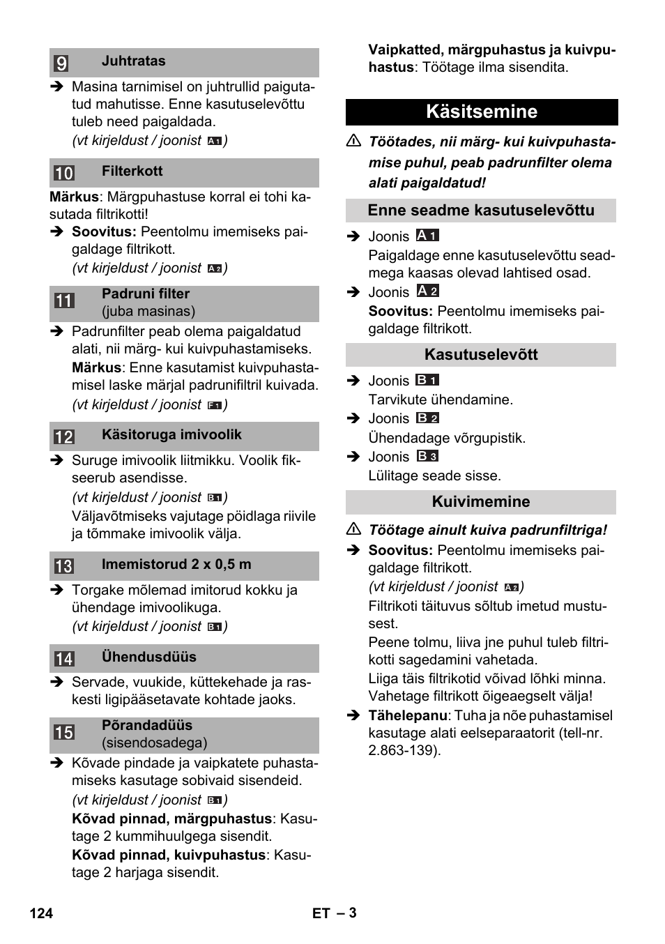 Käsitsemine | Karcher WD 3-800 M eco!ogic User Manual | Page 124 / 150