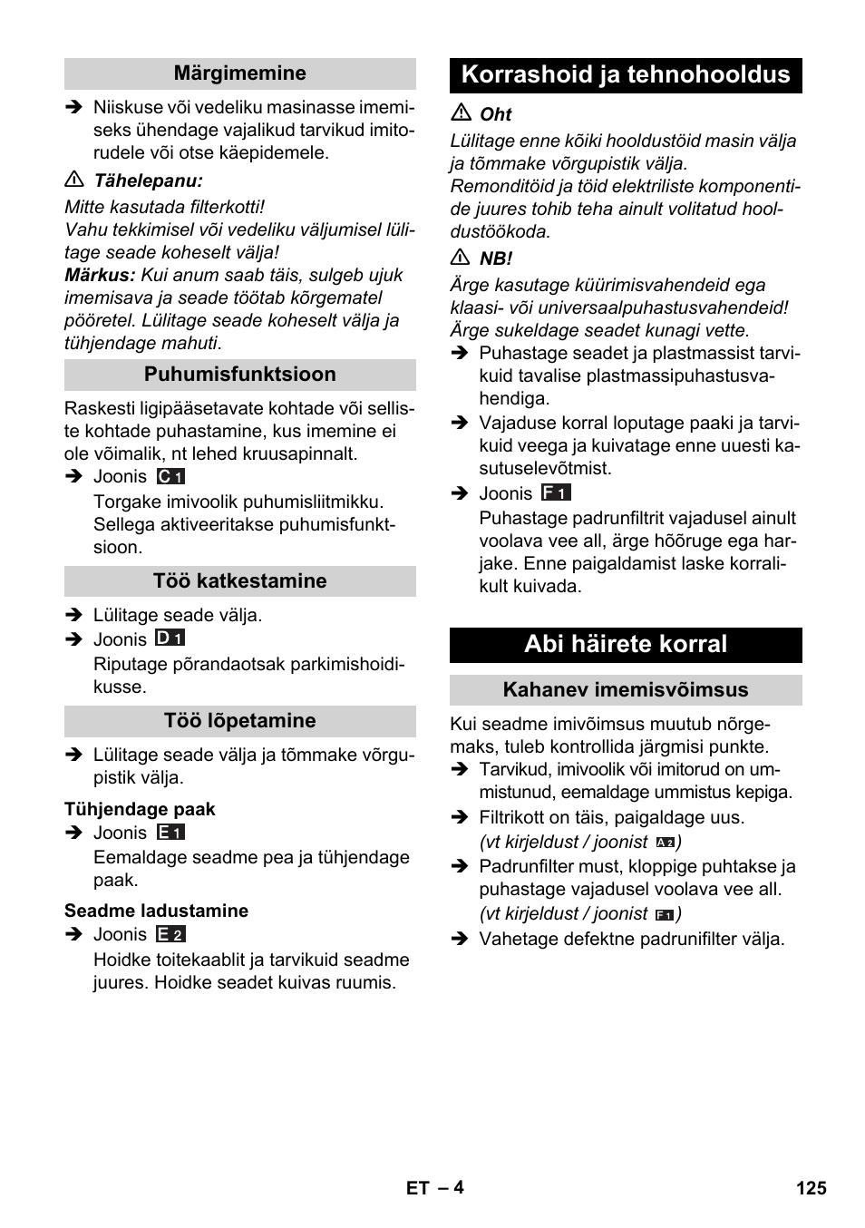 Korrashoid ja tehnohooldus abi häirete korral | Karcher WD 3-800 M eco!ogic User Manual | Page 125 / 150